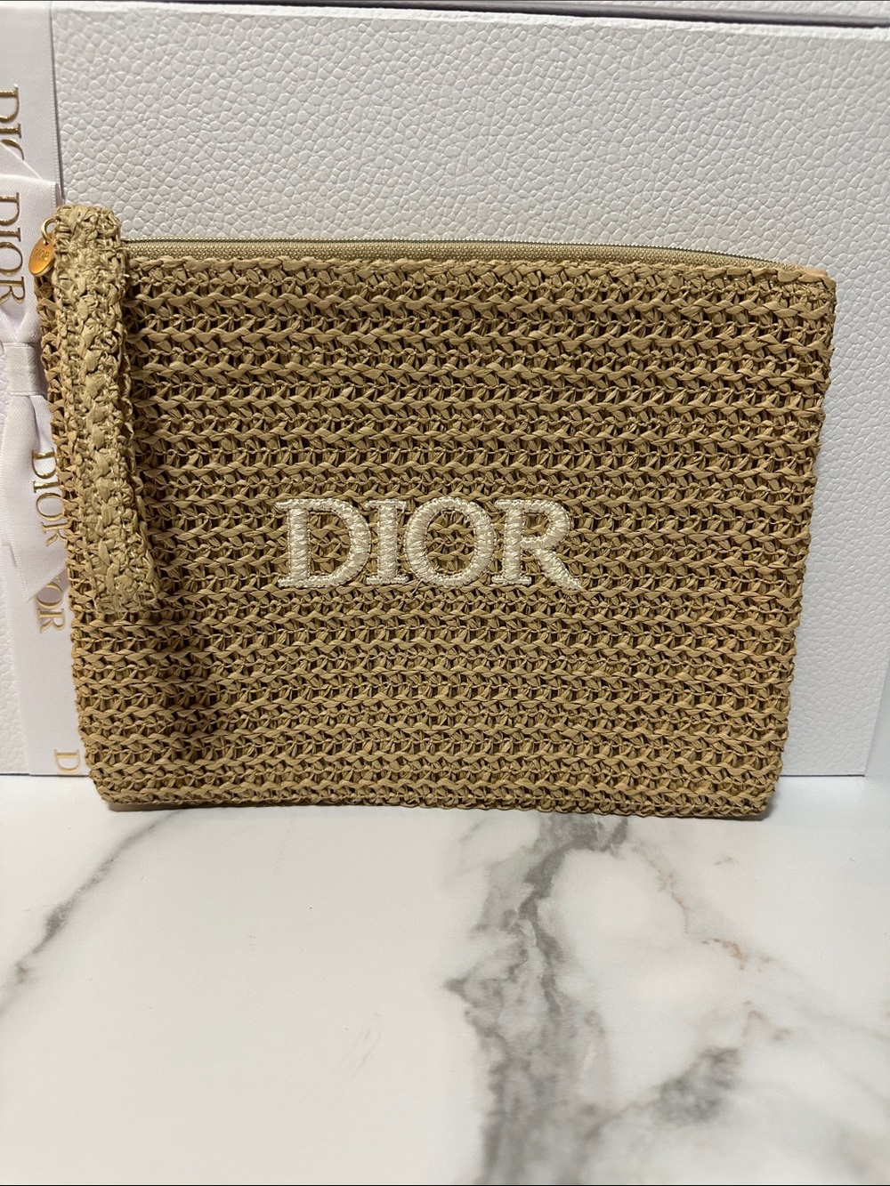 Dior Beauty Beige Straw Zip Pouch with Embroidered Logo 🤩 Super Chic